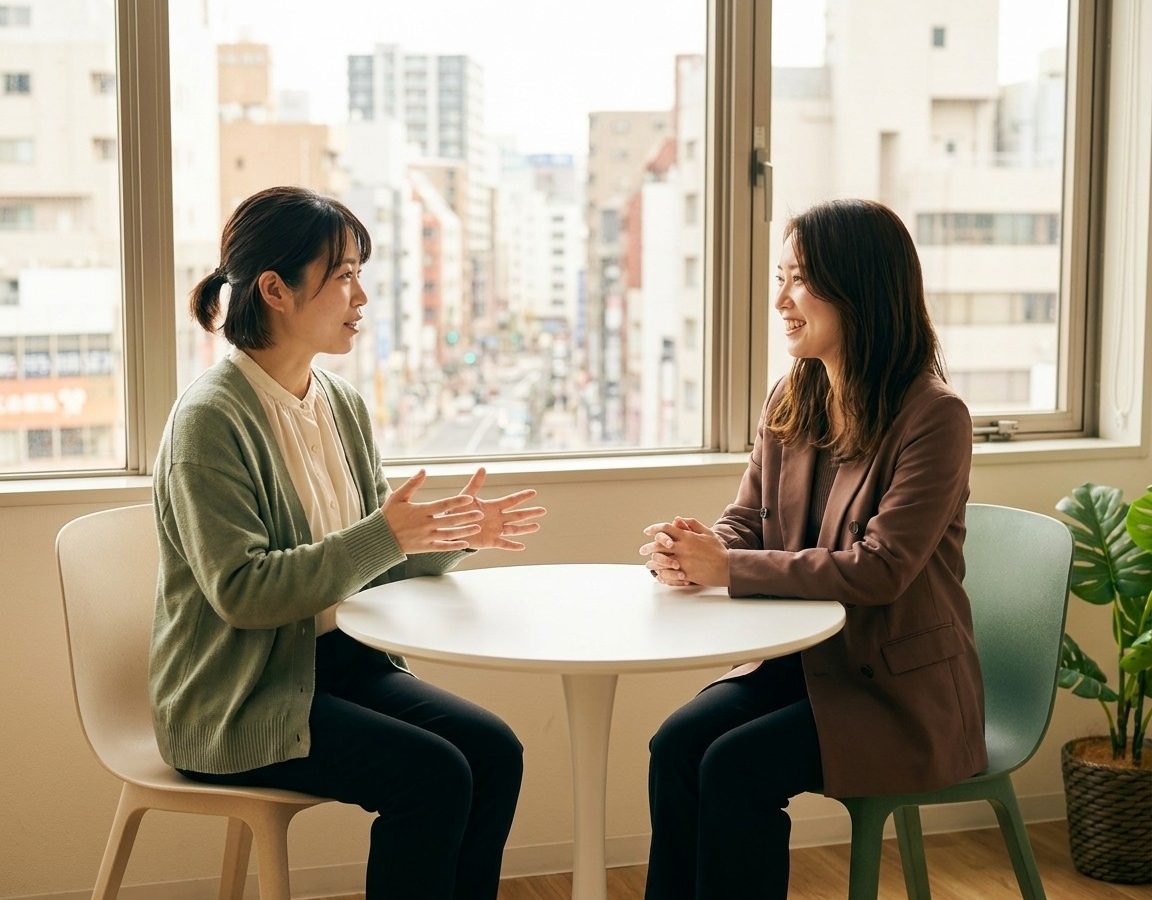 窓際のテーブルで向き合って相談している2人