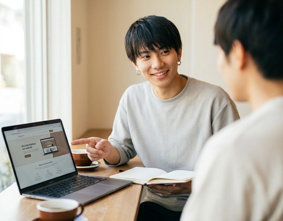 カフェでPCを開いてお客様の相談に乗る代表