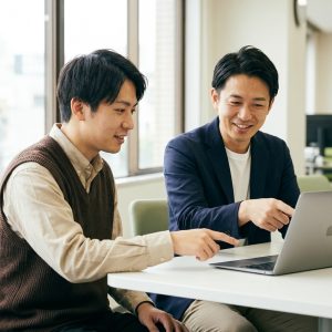 PCを前に隣の人へ使い方を説明している様子